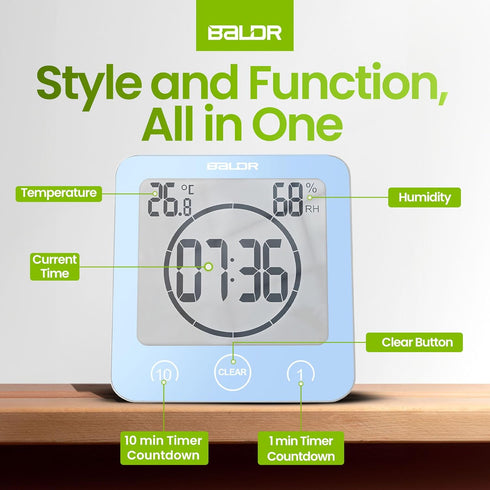 BALDR Digital Shower Clock - Blue - Water-Resistant Shower Countdown Timer with Temperature and Humidity, Digital Clock for Shower, Bathroom Clock...