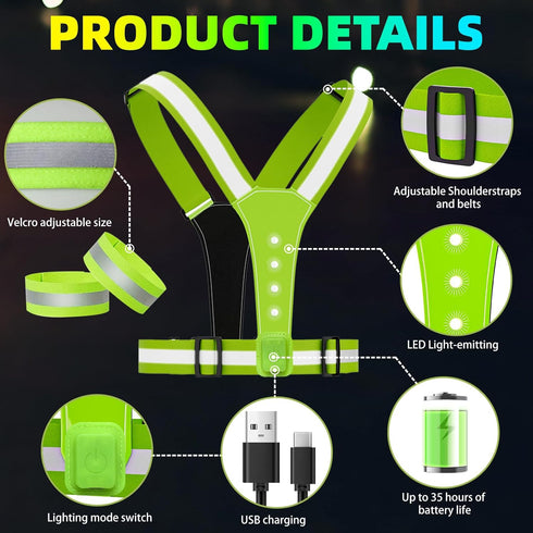 LED Reflective Vest USB Rechargeable Running Gear Night Light up Vest Safety Gear Adjustable Elastic Size Night Running LED VES for Men/Women/Chil...