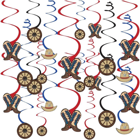 Western Party Hanging Swirl Decorations - 5" & 7" (Pack of 12) - Red & Blue Swirl W/Cowboy Cutouts - Perfect for Rustic, Rodeo & Wild West Themed ...