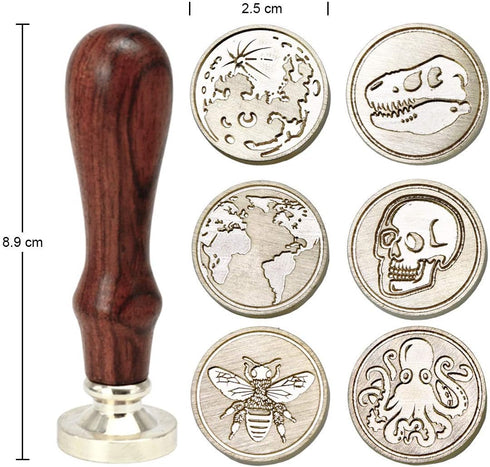 Wax Seal Stamp Kit, Set of 6 Sealing Wax Stamp with Brass Head Wooden Handle (Moon & Sun World Map Dinosaur Skeleton Bumblebee Octopus Design)...