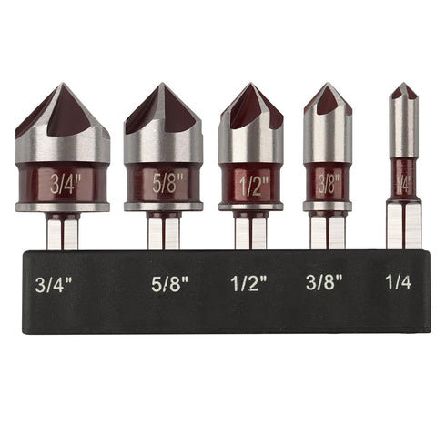 Rocaris 5 Pack Countersink Drill Bit Set for Wood and Metal, 1/4” Hex Shank, M2 High Speed Steel, 1/4'' 3/8'' 1/2'' 5/8'' 3/4'', Precision Design ...