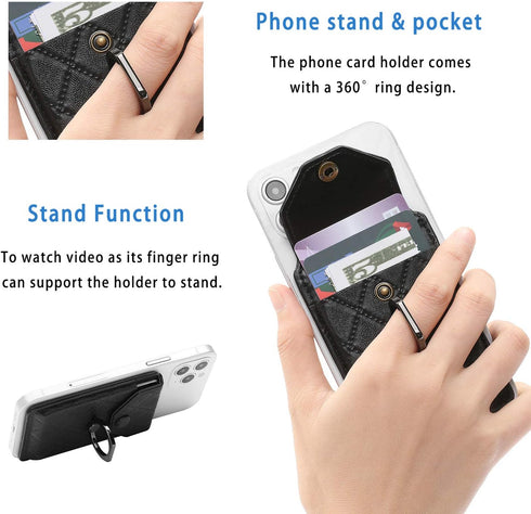 Cell Phone Card Holder RFID Ring Stand Stick on Wallet Card Holder of Phone All Smartphones Adhesive Credit Card Holder for Cell Phone-Black...