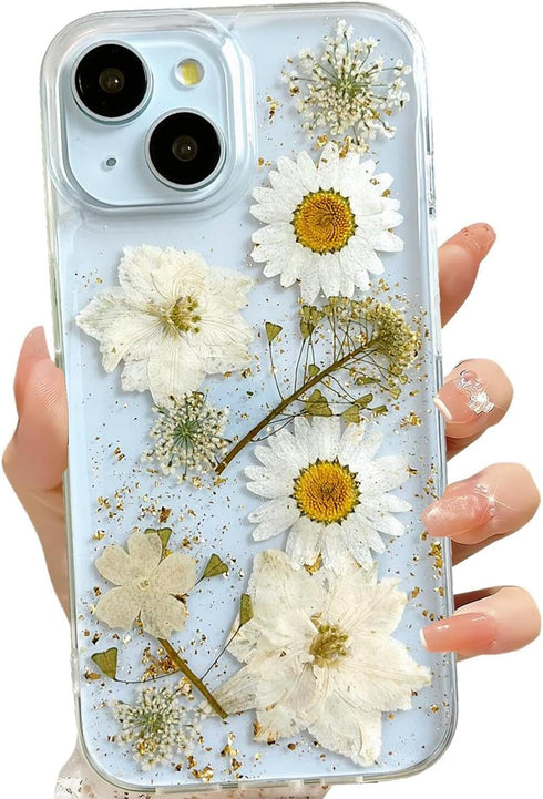 for iPhone 13 / iPhone 14/ iPhone 15 Clear Case with Pressed Real Flowers Design,Glitter Cute White Floral Pattern Soft TPU Protective Women Girl'...