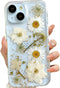 for iPhone 13 / iPhone 14/ iPhone 15 Clear Case with Pressed Real Flowers Design,Glitter Cute White Floral Pattern Soft TPU Protective Women Girl'...