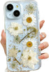 for iPhone 13 / iPhone 14/ iPhone 15 Clear Case with Pressed Real Flowers Design,Glitter Cute White Floral Pattern Soft TPU Protective Women Girl'...