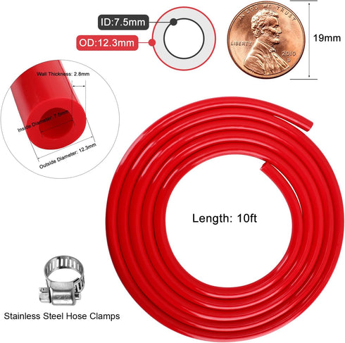 Beer CO2 Gas Line Kit - 10ft PVC CO2 Tubing Hose & 4PCS Stainless Steel Hose Clamp Solid Red Non-toxic Odorless Bendable Keg CO2 Line for 5/16’’ B...