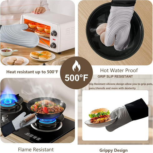 Silicone Oven Mitts - Oven Mitts Heat Resistant 500F 13.6 in Soft Lining Waterproof Grippy Design Flexible BPA-Free Oven Gloves - Oven Mits for Co...