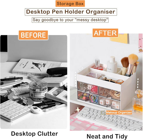 Desk Organizer and Accessories with 4 Compartments and 4 Drawers, Plastic Makeup Organizer, Pen Holder for Desktop Storage, Desk Organization for ...