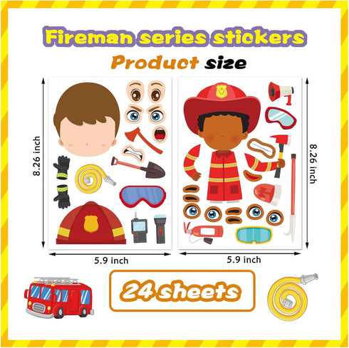 24 Sheets Firefighter Stickers for Kids, Make-a-face Fireman Stickers Sheets, Fireman Themed Sticker Party Favor Supplies Craft School Fire Educat...