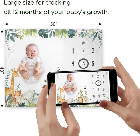Safari Baby Milestone Blanket with Birth Stat Sign, Jungle Animals Baby Growth Chart Monthly Blanket, Watch Me Grow Safari Animals Baby Nursery fo...