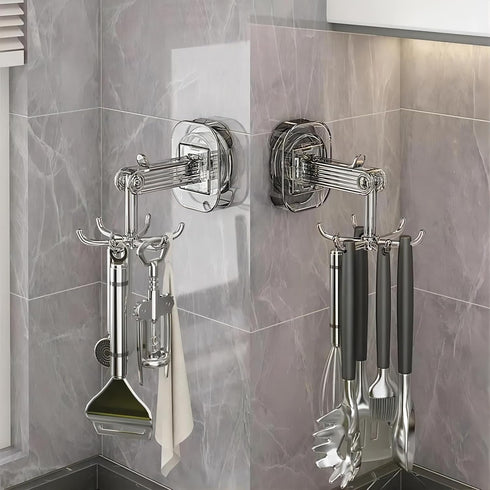 Hanging Utensil Holder Hooks Kitchen Utensil Hanger Wall Mount 360° Rotating Folding Hook Strong suction cup hook Utensil Rack with 6 Hooks for Ki...