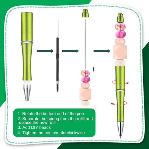 60 Pieces Plastic Beadable Pen Bead Ballpoint Pen Black Ink Beaded Pens for Kids Students Presents Office School Supplies (Green Series,Classic)...
