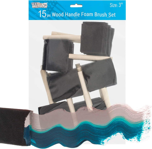 US Art Supply 3 inch Foam Sponge Wood Handle Paint Brush Set (Value Pack of 15) - Lightweight, Durable and Great for Acrylics, Stains, Varnishes, ...