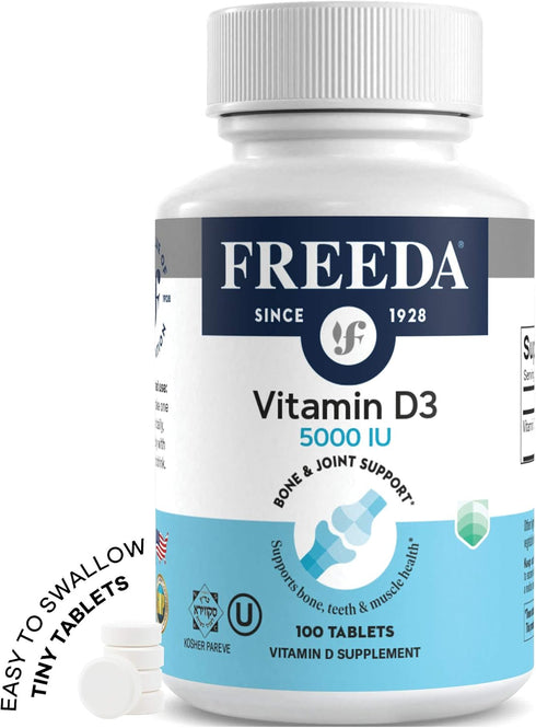 FREEDA Vitamin D3-5000 IU - Pure High Potency Kosher Supplement Tablets - Bone and Muscle Health, Calcium Absorption, Immune Support for Men and W...