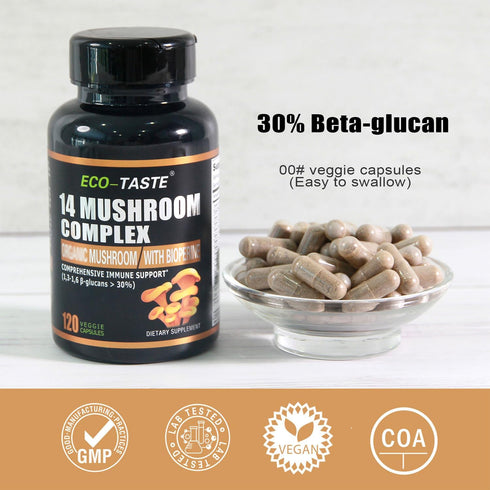14 Mushrooms Supplement 120 Capsules - Immune System Booster & Nootropic Brain Supplement – with Lion’s Mane, Reishi, Maitake, Turkey Tail, Chaga ...
