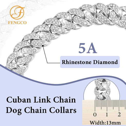 Silver Dog Chain Collar Diamond Cuban Link Dog Collar 13mm Wide Dog Necklace Metal Cat Chain Pet Crystal Collar Jewelry Accessories for Small Medi...