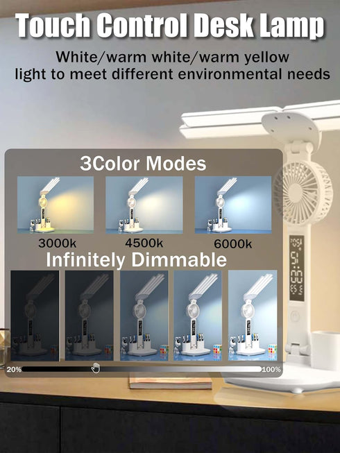 LED Desk Lamp for Office Home, Desk Lamps with Fan, Bright four-Headed table lamp, Adjustable Foldable Table Lamp with Clock Date Fan Pen Down,Tem...