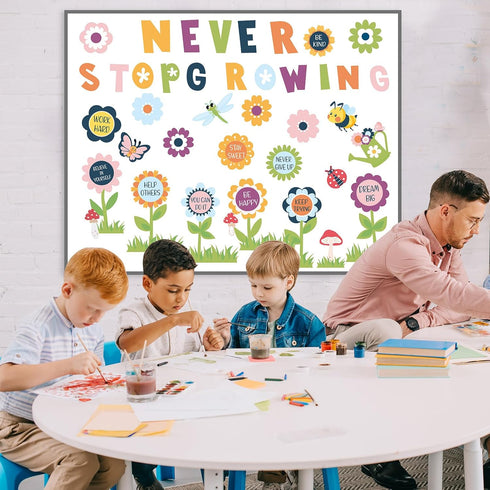 90 Pcs Spring Bulletin Board Decorations for Classroom Flowers Bulletin Board Set Never Stop Growing Cutouts Inspirational Quotes Cards Wall Decal...