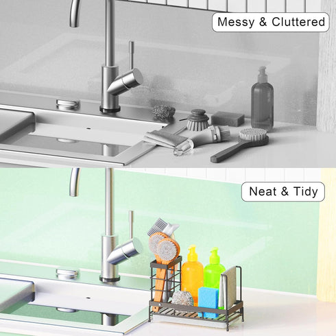 Kitchen Sink Organizer, Multifunctional Rustproof Sponge Holder Sink Organizer with Drain Tray & High Brush Holder & Dish Cloth Hanger, Kitchen Si...