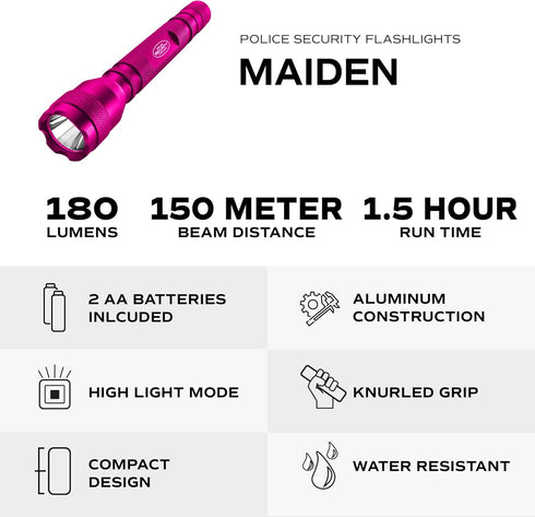 Police Security Maiden Ultra Bright LED Flashlight -180 Lumens -150 Meter Beam Distance -Small, Powerful, Compact & Water Resistant - EDC, Home Se...