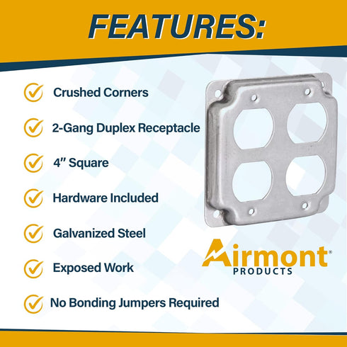 AP-12098, 4" Square Double Duplex Receptacle Electrical Box Cover, 1/2" Raised, Exposed Work, Galvanized Steel, Crushed Corners, 2-Gang...