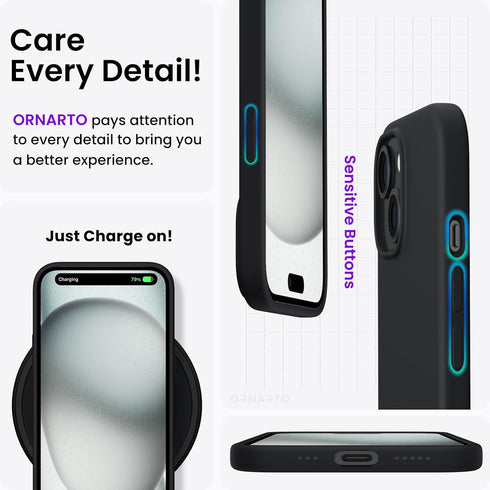 ORNARTO Compatible with iPhone 15 Case 6.1, Slim Liquid Silicone 3 Layers Full Covered Soft Gel Rubber Phone Case, Anti-Scratch Shockproof Protect...
