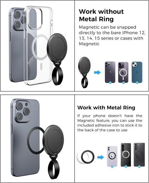 Magnetic Phone Ring Holder Compatible with MagSafe, Double-Sided Magnetic Cell Phone Grip Stand Finger Ring Kickstand for iPhone 15/14/13/12 Pro M...