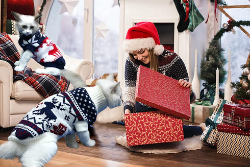 Vehomy 2Pcs Pet Puppy Christmas Sweaters Cat Sweater Kitten Knitwear Dog Xmas Clothes Navy Blue and Christmas White Sweaters with Reindeers Snowfl...