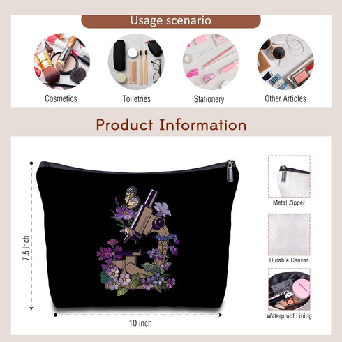 Floral Microscope Canvas Makeup Bag - Microbiology Science Teacher Gift, Science Chemistry Teacher Student Gifts, Science Women's Zippered Bag...