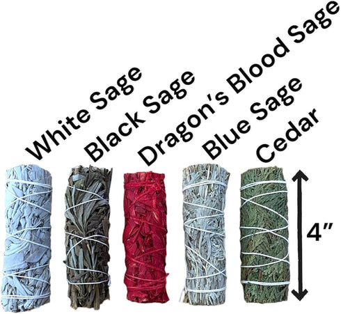 5 pcs Smudge Stick Sampler 1 Kit of White Sage, Black Sage, White Sage Dragon's Blood, Blue Sage, & Cedar - 4 Inch Hand Tied, All Natural, Ethical...