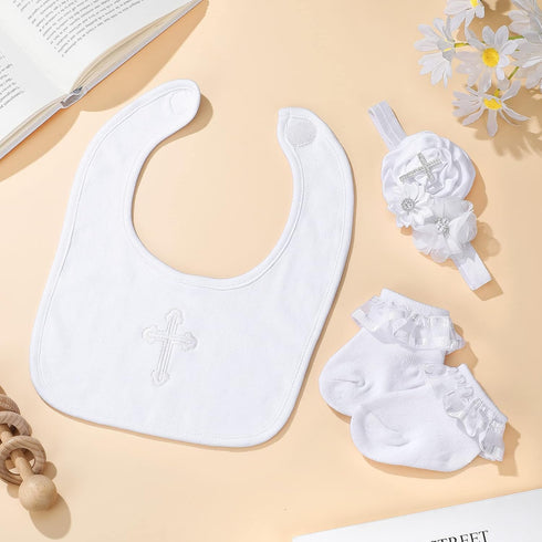 Geyoga 3 Pcs Baptism Bib for Baby Girl Baptism Candle Set Socks Pearl Headband Embroidered White Christening Outfit Bib...