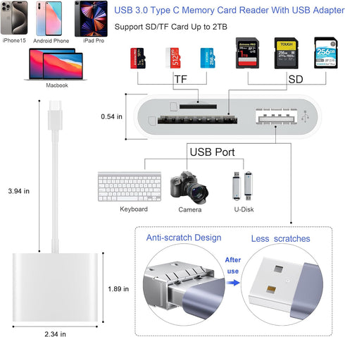 USB C SD Card Reader, USB 3.0 High Speed to SD/Micro SD Card Adapter Memory Card Reader with SD MicroSD USB 3 Port for iPhone 15 Pro Max iPad Pro ...