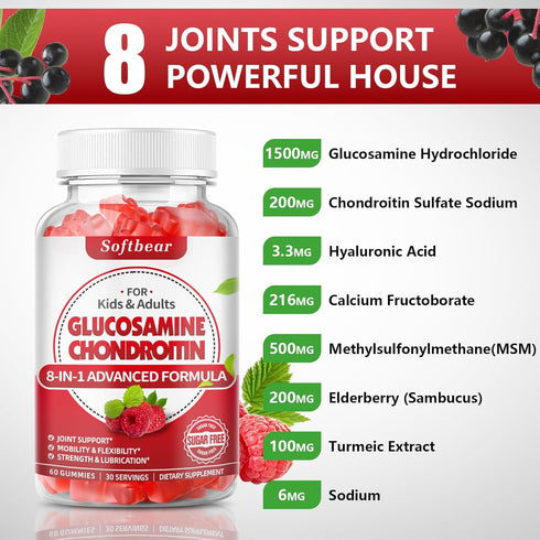 Glucosamine Chondroitin Gummies Sugar Free, Extra Strength Glucosamine Chondroitin Supplement for Natural Joint Support, Raspberry Flavored 120 Co...