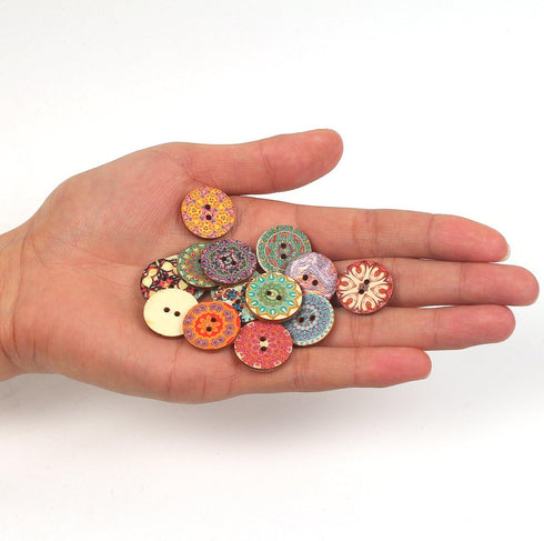 100pcs Mixed Random Flower Painting Round 2 Holes Wood Wooden Buttons for Sewing Crafting 20mm...