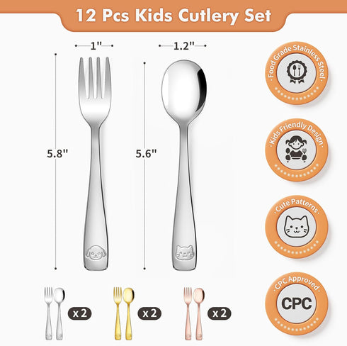 Stainless Steel Toddler Utensils Set - 12 Pieces Kids Silverware Set Children Safe Food Grade Small Forks and Spoons Dishwasher Safe Mirror Polish...