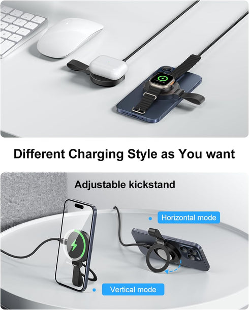 Meifigno Magnetic Wireless Charger (Plug to use), Fast Charging Pad with Kickstand, Mag Safe Wireless Charger with USB C Cable for iPhone 15/14/13...