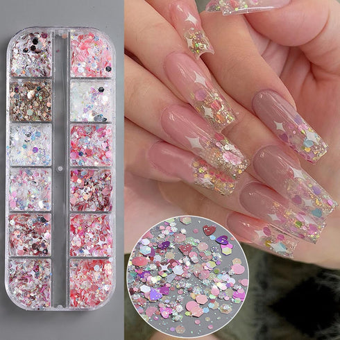 12 Grids Nail Art Glitter Sequins, Holographic Hexagon Chunky Nail Glitter Shiny Heart Mermaid Nail Flakes Sequins Nail Art Supplies Hexagon Nail ...
