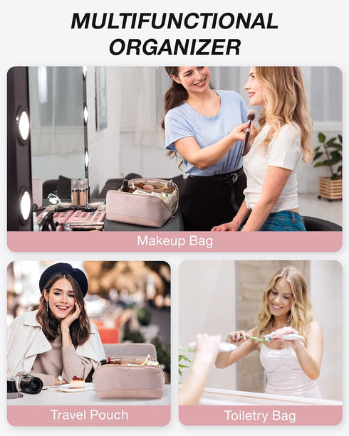 BAGSMART Travel Makeup Bag - Water-Resistant Portable Cosmetic Pouch, Flat Open Organizer for Toiletries and Brushes, Pink...