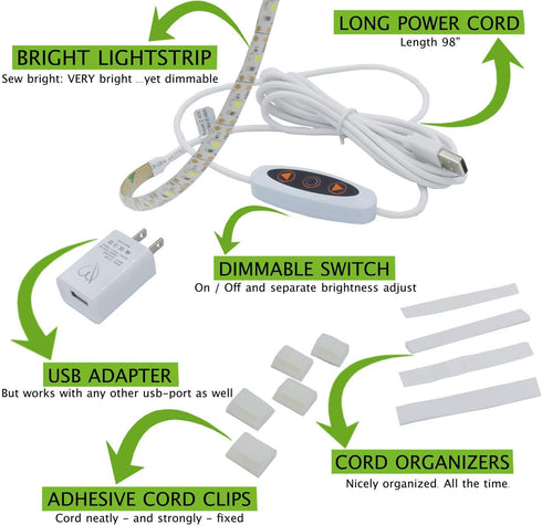 Madam Sew Sewing Machine Light Strip | 12" USB LED Light Strip, Clean White Lights for Brother, Janome, Babylock, Pfaff | Dimmable, 98" Power Cord...