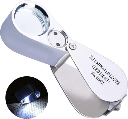 Pineapple 30X Jewelers Loupe Magnifier with Light, Jewelry Eye Loop Lighted Pocket Magnifying Glass for Coins, Diamonds, Gems, Plants (Metal)...