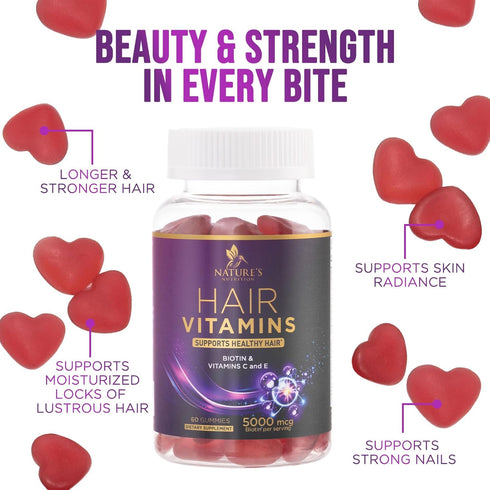 Hair Growth Supplement Gummy for Stronger, Radiant Hair, Skin & Nails - Hair Vitamins with Biotin 5000 mcg and Vitamin E & C, Nature's Extra Stren...