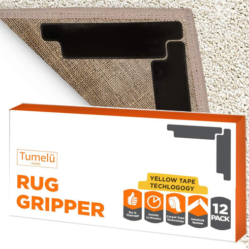 12pc Premium Large Size Anti Curling Carpet Tape Rug Gripper – Will Keep Rug in Place & Keep Corners Flat, Advanced with Yellow Capet Tape, Double...