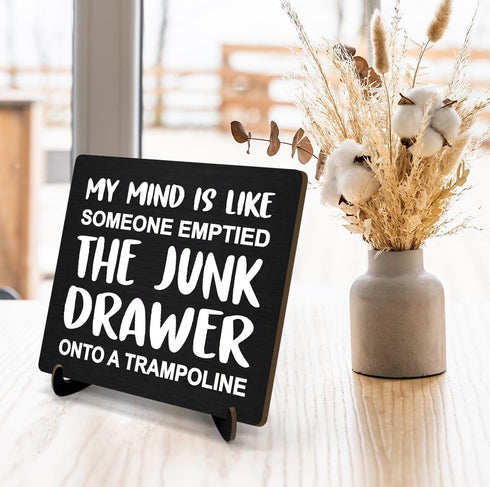 Mind is Like a Junk Drawer on a Trampoline Wooden Sign 5x5 Inch, Funny Desk Sign For Home Decor Office Decor, Funny Gifts for Women DMP40...
