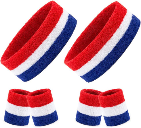BEFORYOU 2 Sets Striped Sweatbands Set, 2 Pieces Sports Headband and 4 Pieces Wristbands, Colorful Striped American Flag Style for Men and Women...
