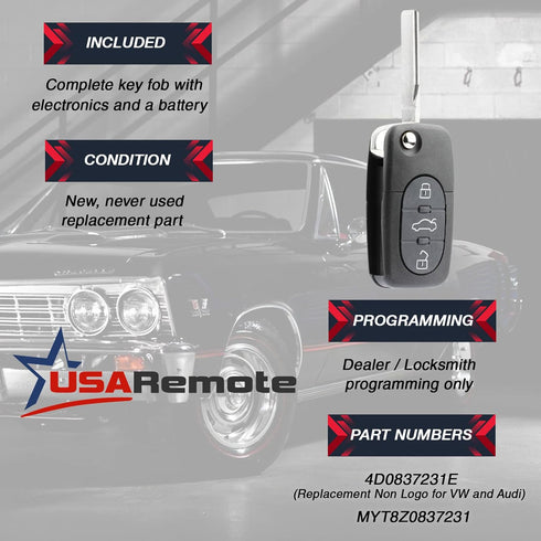 Replacement Keyless Entry Remote Flip Key Fob fits 1998 1999 2000 2001 VW Beetle, Golf, Jetta, Passat (HLO1J0959753F)...