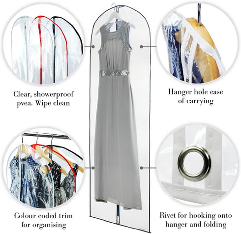HANGERWORLD 72inch Long Dress Bag Garment Protector Covers - Pack of 3, Showerproof Clear PEVA Plastic, Mixed Color Trim...