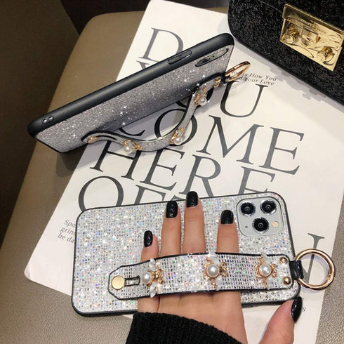 aowner iPhone 13 Pro Max Silver Glitter Bee Case with Stand, Strap & Diamond Wrist Bracket - 6.7 Inch, Shockproof...