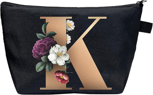 Small Letter Comestic Travel Bag Gold Alphabet with Flower Makeup Bag Portable Travel Stuff Bag Zipper Toiletry Pouch Personalized Gifts for Women...