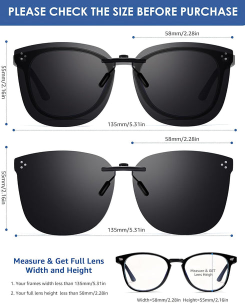 Black Polarized Clip On Sunglasses Over Prescription Glasses for Men Women, Fit Over Eyeglasses Trendy Shades...