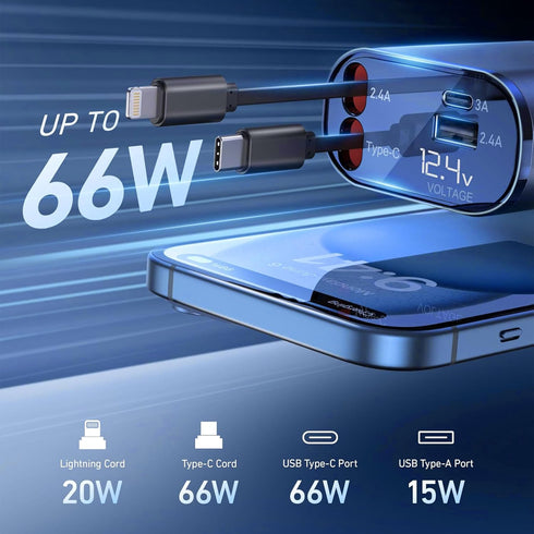Retractable Car Charger, 66W 4 in 1 Super Fast Charging Car Phone Charger with 2 Retractable 31.5 Inch Cables and 2 USB Ports for iPhone 15/14/13/...